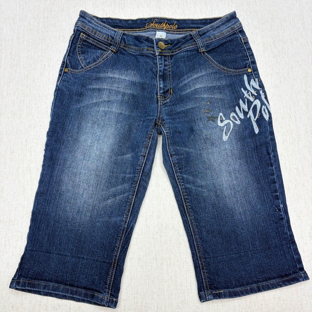 Southpole Womens Y2K Denim Capri Shorts Dark Wash Graphic Logo Rhinestone SZ 11